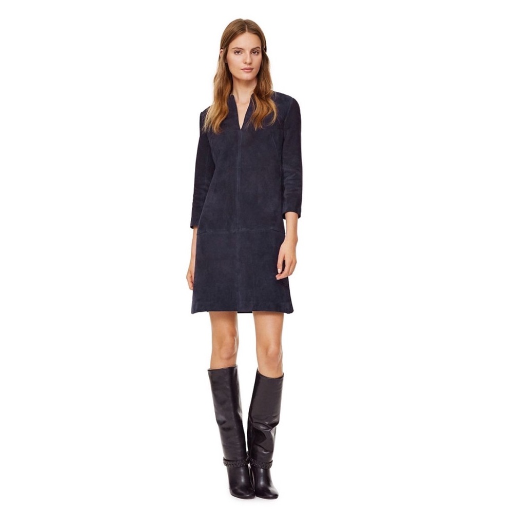 Tory Burch Split Neck Navy Blue Suede Dress